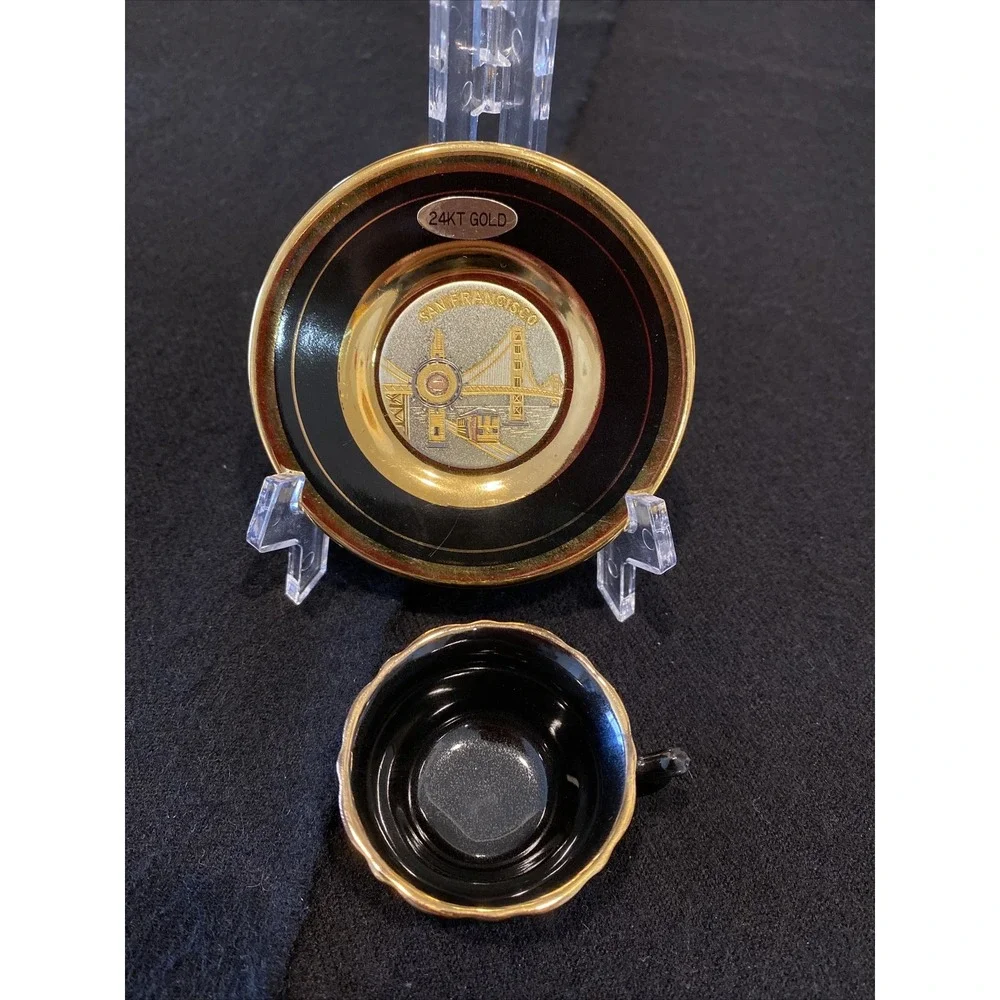 Chokin Art San Francisco Golden Gate Bridge Trolley Plate/Cup/Stand 24kt Gold